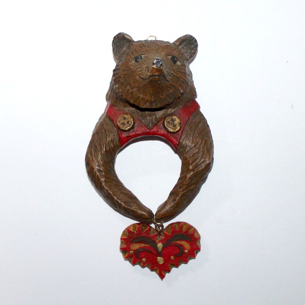 Ornament Bear heart folk art LWS vintage brown red resin rustic